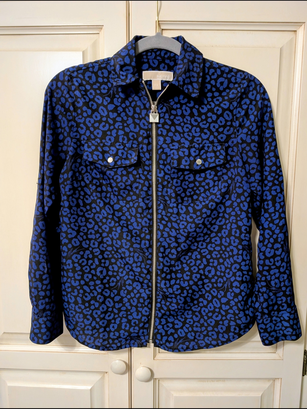 MICHAEL Michael Kors Blue and Black Cheetah-Print Zip Front Blouse